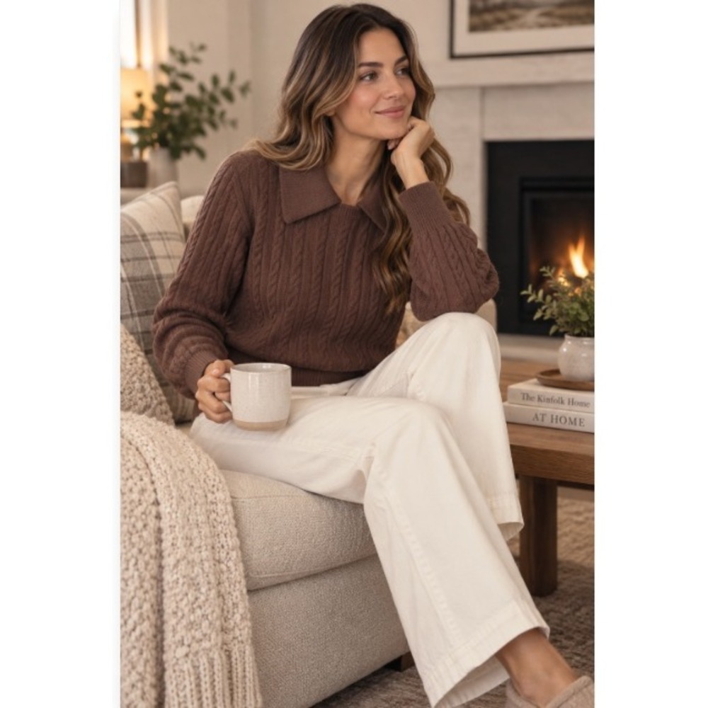 Ann Taylor Brown Cable Knit Collared Sweater Polo Pullover Size Large Cozy Warm